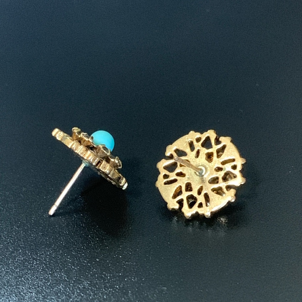 Persian Stud Earrings  Turquoise Bead Halo of Clear Rhinestones - Picture 4 of 5